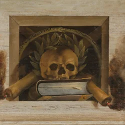 Vanitas stilleben med dödskalle med lagerkrans, bok och två brinnande ljus