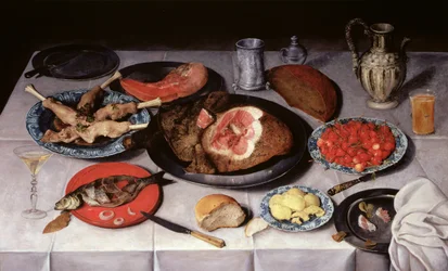 Frukoststilleben med en fisk, skinka och körsbär, 1614