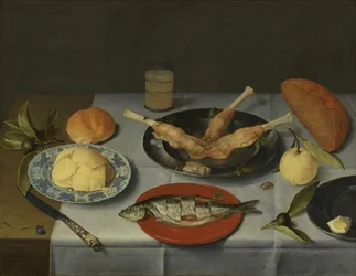 Frukost med bröd, ost, fisk och öl, ca 1615