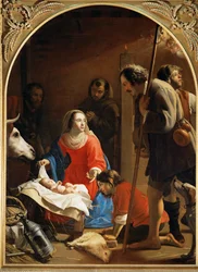 Herdarnas tillbedjan, i bakgrunden den helige Franciskus av Assisi (målning på duk)