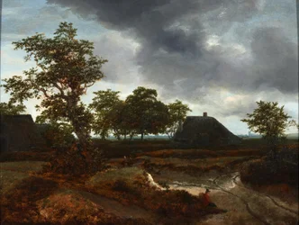 Landskap med stugor