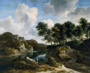Flodlandskap med ett slott på en hög klippa