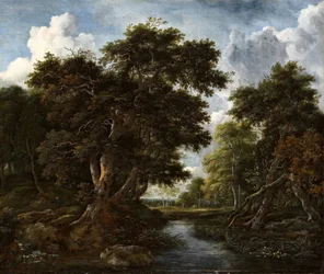 Skogsklädd landskap med jägare och en flod