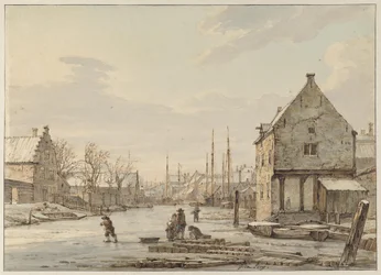 Vy vid stadsmuren i Dordrecht på vintern
