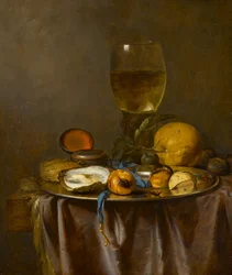 Stilleben med en roemer, klocka, ostron och frukt