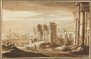 En Capriccio-vy av romerska ruiner längs Tibern