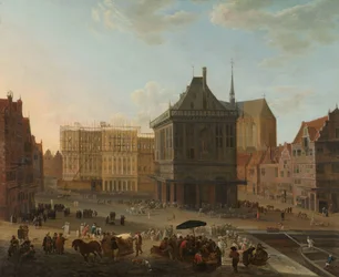 The Dam i Amsterdam med det nya stadshuset under uppförande