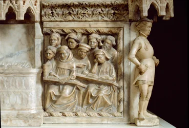 Begravningsmonument över Carlo, Roberto och Riccardo da Saliceto: studenter som går på en kurs (skulptur, ca 1403)