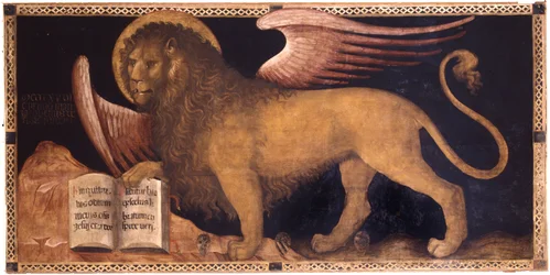 Jacobello del Fiore (ca 1370 - 1439) Lejonet av Sankt Markus Olja på duk Renässans Italien, Venetian School Palazzo Ducale, Venedig 167x340 målning