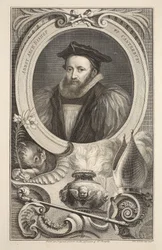 Porträtt George Abbot, ärkebiskop av Canterbury, illustration från "Heads of Illustrious Persons of Great Britain", utgiven av Knapton, London 1742.
