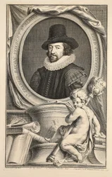 Porträtt av Francis Bacon, Viscount av St Albans, illustration från "Heads of Illustrious Persons of Great Britain", pub. av Knapton, London 1742