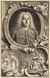 Porträtt av G.F. Handel, inskriven med titeln "Israel in Egypt", publicerad i London