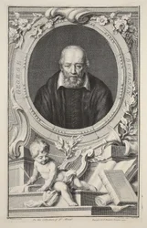 Porträtt av George Buchanan, efter Frans Pourbus, illustration från "Heads of Illustrious Persons of Great Britain", utgiven av Knapton, London 1742.