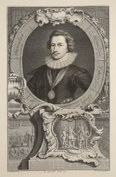 Porträtt av George Villiers, hertig av Buckingham, illustration från "Heads of Illustrious Persons of Great Britain", pub. av Knapton, London 1742