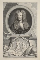 Porträtt av Isaac Newton, illustration från "Heads of Illustrious Persons of Great Britain", pub. av Knapton, London 1742