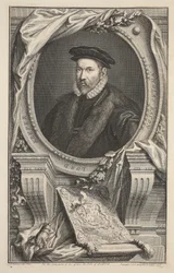 Porträtt av Nicholas Bacon, illustration från "Heads of Illustrious Persons of Great Britain", pub. av Knapton, London 1742