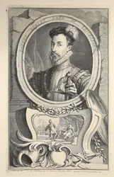 Porträtt av Robert Dudley, earl av Leicester, illustration från "Heads of Illustrious Persons of Great Britain", utgiven av Knapton, London 1742.