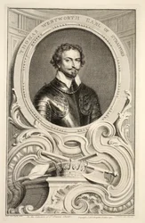 Porträtt av Thomas Wentworth, Earl of Stratford, illustration från "Heads of Illustrious Persons of Great Britain", utgiven av Knapton, London 1742.