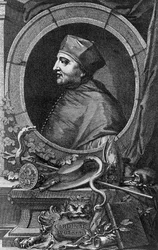 Porträtt av Thomas Wolsey (1478-1530), engelsk kardinal och statsman, gravyr av Jacobus Houbraken (1698-1780)