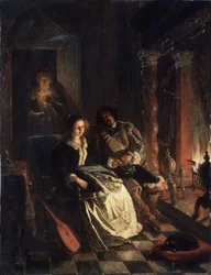 ""Le Rendez vous"" (Rendezvous) Scen av förförelse, en ung flicka uppvaktad av en gentleman som förklarar sin kärlek till henne vid brasan. Målning av Jacob Joseph Eckhout (1793-1861) 1852 Vitryska republikens statliga konstmuseum, Minsk, Vitryssland