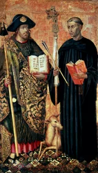 Sankt Jakob av Compostela representerad i pelerin med stav, hatt och skal. och eremiten Saint Gilles (600-talet), ca 1450 (tempera och olja på panel)