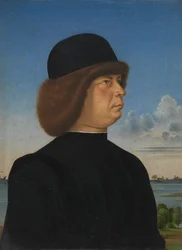 Porträtt av Alvise Contarini, mot A Tethered Roebuck, ca. 1485-95.