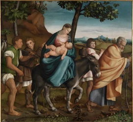 The Flight Into Egypt - Målning av Jacopo Bassano (eller da Ponte) Il Vecchio (den äldre) (1510-1592), olja på trä