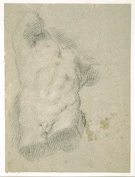 Ritning av en manlig torso (kol på blått papper)