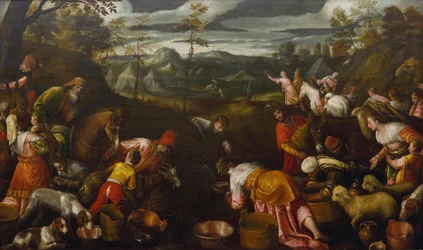 Moses slår vatten från klippan par Bassano, Jacopo, den äldre (ca 1510-1592) (Jacopo da Ponte). Olja på duk