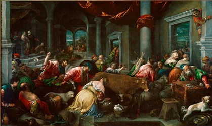 Templets rening eller "" Kristus jagar köpmän från templet"" Målning av Jacopo Da Ponte dit Jacopo Bassano (1517 ca-1592) Sön. 160x265 cm London, National Gallery