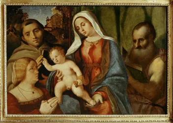 Sacra Conversazione: Madonna med barn, Sankt Antonius, Sankt Hieronymus och donator ... (målning på duk)