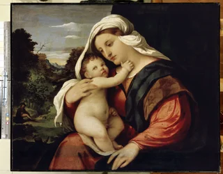 Jungfru och barn. Målning av Jacopo Palma il Vecchio (Den gamle eller äldre