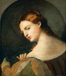 Portrait de jeune femme de profil - Porträtt av en ung kvinna i profil, av Palma il Vecchio, Jacopo, den äldre (1480-1528). Olja på trä, c. 1520. Mått : 49x42,4 cm. Konsthistoriska museet, Vienne