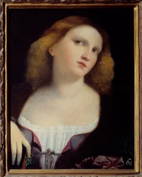 Porträtt av kvinna målning på trä transponerad på duk av Jacopo Palma il Vecchio (1480-1528) 1513 Dim. 0,48 x 0,38 m Lyon, Musee des Beaux Arts