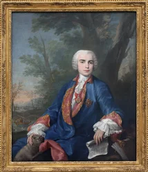 Soprankastraten Carlo Broschi, kallad Farinelli (1705-1782). Sångaren bär Calatravaordens medalj; på notbladet som han håller i handen finns några takter ur operan Zenobia av Gaetano Latilia.
