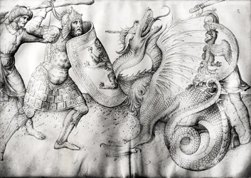 Strid mellan krigare och en drake, ca 1450 (bläck på veläng)