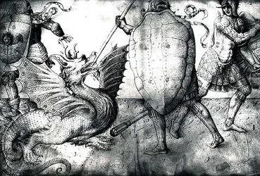 Krigare som slåss mot en drake, ca 1450 (bläck på veläng)