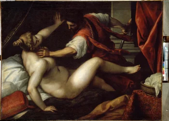 Tarquinius och Lucretia (Tarquinius och Lucretia). Sextus Tarquinius våldtar Lucretia, en händelse som ska ha lett till monarkins fall och republikens början i antikens Rom år 509 f.Kr. Målning av Jacopo Palma il Giovane (den yngre)