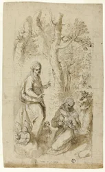 Vision av St. Franciskus av Assisi (recto); Den helige Hieronymus, den helige Franciskus syn och två små skisser av den helige Franciskus som håller Kristusbarnet (verso)