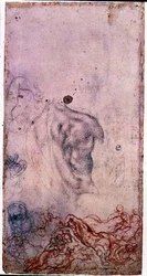 Studie till ett porträtt av Cosimo I Giovinetto med andra studier av vrida kroppar (svart och röd krita på papper)