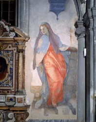 Bebådelsen, detalj av Jungfrun, ca 1527 (fresk)