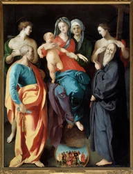 Jungfrun har barn med Saint Anne och fyra helgon Saint Sebastian, Peter, Benedict of Nursie and the Good Thief (även kallad Saint Dismas (eller Dysmas, Dimas, Dumas) Målning av Jacopo (Iacopo) Carrucci dit il Pontormo (Pontormo) (1494) -1556) 1529 Dim 2,28
