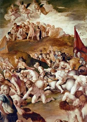 De elva tusen martyrerna, detalj av St Maurices martyrskap och den legendariska romerska thebanska legionen (tempera på trä