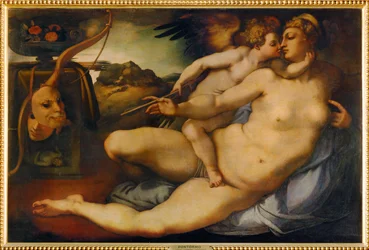 Venus och Amor, efter Michelangelo (målning på trä)