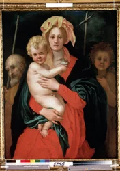 Jungfru och barn med Saint Joseph och Saint John the Baptist (Madonna och barn med Saint Joseph och Johannes döparen). Kristus håller en fågel i sin hand. Målning av Jacopo (Iacopo) Carrucci dit il Pontormo (Pontorme) (1494-1557), cirka 1520. Konstflora