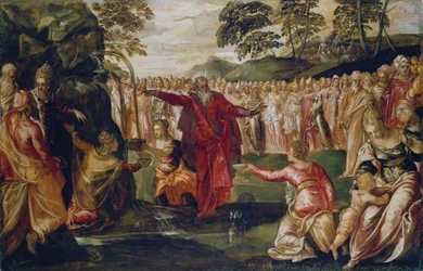 Moses slår mot klippan, ca 1555-70 (olja på duk)