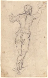 A Striding Youth with His Arms Raised, Seen from Behind, ca 1579 (kol på havregrynspapper)