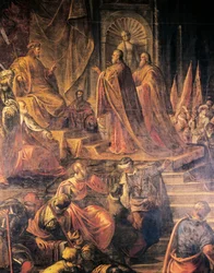 Ambassadörer för påven och venetianerna som vädjar till Barbarossa om fred förgäves, av Jacopo Tintoretto (1519-1594) och hans verkstad, Stora rådssalen, Dogepalatset, Venedig. Italien
