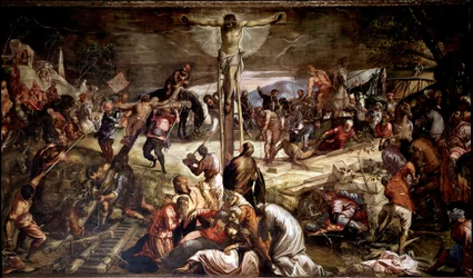 "" Crucifixion "" Målning av Tintoretto (Jacopo Robusti) (1518-1594) 1565 Dim 536x1224 cm Venedig, Scuola di San Rocco