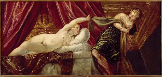 Josef och Putifars (eller Potifars) hustru Målning av Jacopo Robusti dit il Tintoretto (Tintoret) (1518-1594) 1555 ca. Sol. 54x117 cm Madrid, Pradomuseet